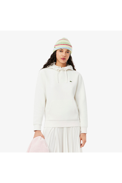 Lacoste Kadın Relaxed Fit Kapüşonlu Beyaz Sweatshirt