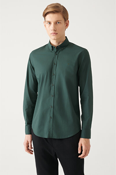 Avva Men's Khaki Button Collar Basic 100% Cotton Slim Fit Shirt B002030