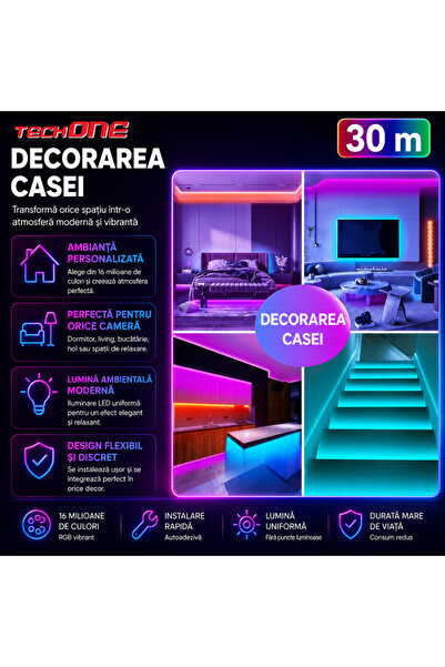 Techone Kit bandă LED Smart RGB 30 m (2x15m), Aplicație, Telecomandă, Bluetooth, Multicolor