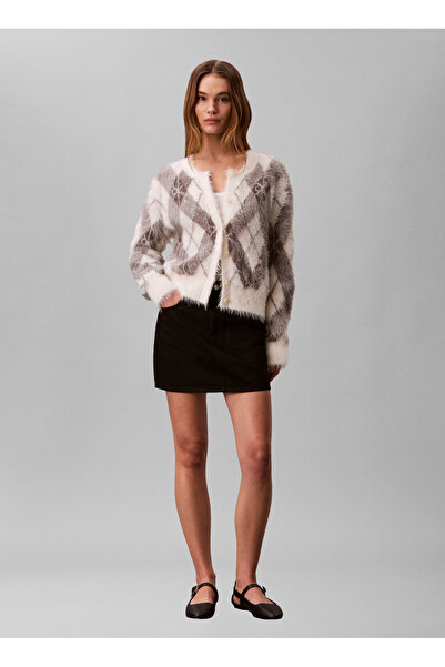 Calvin Klein Jeans Bej Kadın Baklava Triko Hırka FUZZY NOVELTY ARGYLE SWEATER