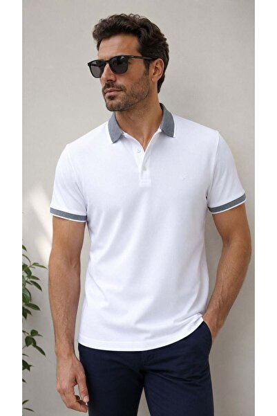 Efor Comfort Fit Rahat Kalıp %100 Pamuk Kıvrılmaz Yaka Beyaz Polo Yaka Tişört...