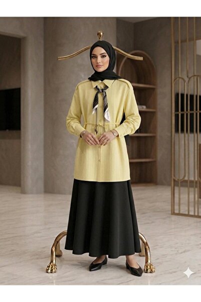 ÇALIŞKAN MODA APOLET DETAYLI FULARLI KUŞAKLI GENİŞ KOL SALAŞ TESETTUR TUNİK[ ...