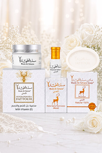 MUSK AL TAHARA 3'lü WHİTE MUSK set misk 6ml,sabun 50 gr, cam Mahmariya 50gr