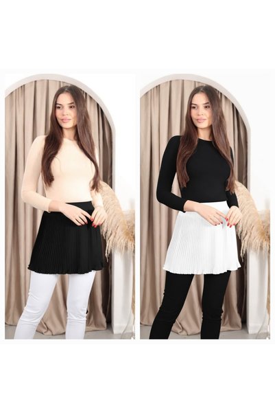 Bienvenido Women's 2-Pack Pleated Skirt, Hijab-Friendly, Elastic Waist, Mini Complementary Black Ecru Pleated Skirt