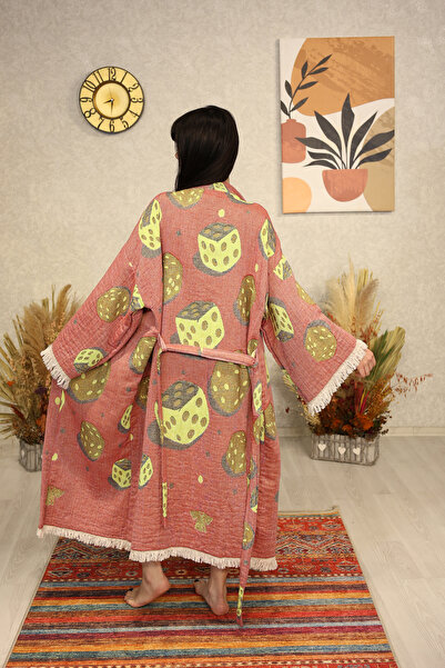 Befera Design Muslin Kimono 100% Cotton Playing Dice Patterned Jacquard Bathr...