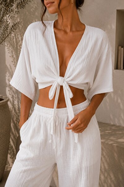 bb butik basic Women's Muslin Tie-Up Bolero Blouse Oversize Loose Summer Kimo...