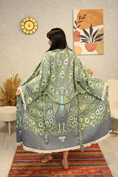Befera Design Kimono din muselină 100% bumbac, cu model de păun, halat de bai...