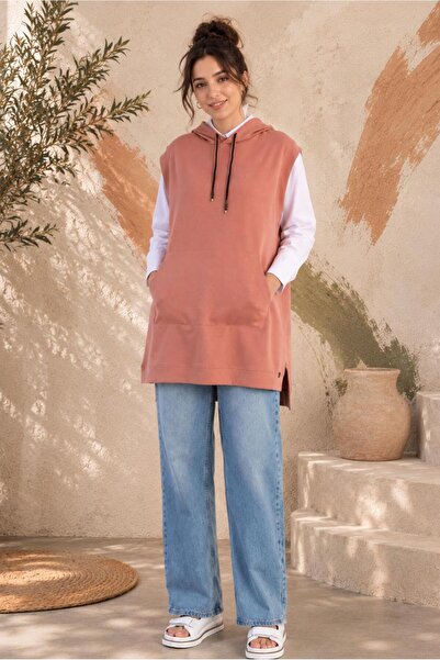 TRENDTESETTÜR KADIN PEMBE (GÜL) KAPÜŞONLU CEPLİ PAMUKLU SÜVETER 60059