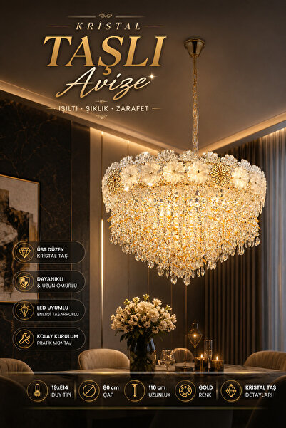 Elvora Home Modern (PREMİUM) Kristal Taşlı Avize Gold Şık Salon Mutfak Avizes...