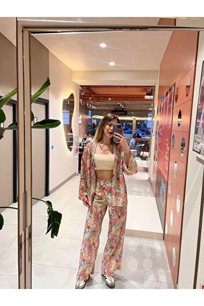 MIRELLA BOUTIQUE Çiçek Desenli Bol Paça Kruvaze Pantolon Pembe