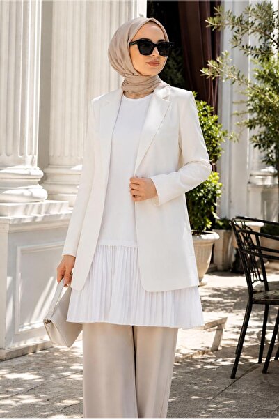 TRENDTESETTÜR KADIN BEYAZ KOLSUZ PİLİSELİ İÇ TUNİK T 6774