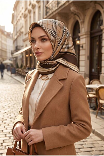 Vissona %100 Twill İpek Ekose Desenli Kahverengi Renkli 90x90 Eşarp Dikim Şek...