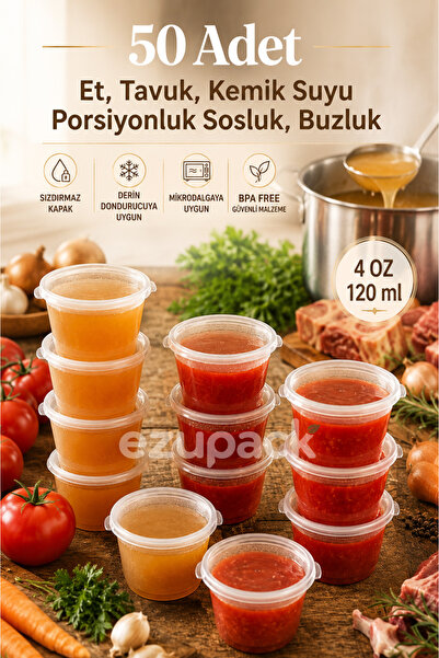 Ezupack 50 Adet Sızdırmaz 120 ml Mini Saklama Kabı Sosluk Buzluk Kabı, Et Suy...