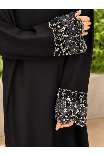 VELORA Abaya Laura Silver - Black Abaya with Luxurious Hand Embroidery and Ne...