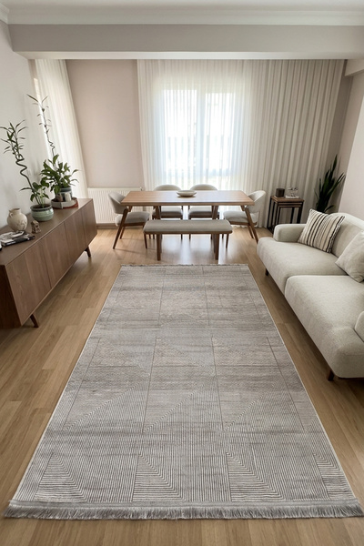 turgut Bambu Halı Gri Geometrik Desenli Kaymaz Taban Yıkanabilir Mutfak Salon...