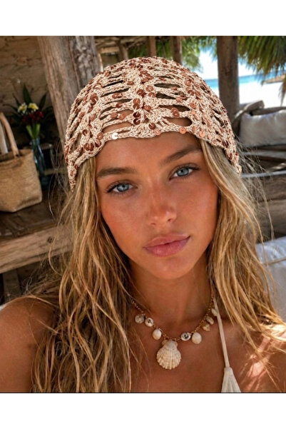 Bageztia Sequin Beanie Cream-Bronze, Sequin Mesh Hat, Mesh Beanie, Crochet Be...