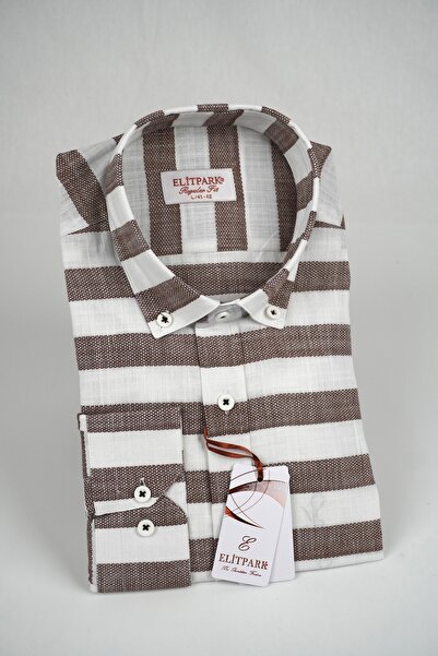 elitpark Men's dark brown-white Striped button collar 100% Cotton long sleeve...