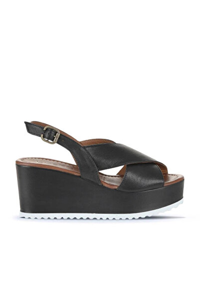 Bueno Shoes Black Leather Women's Wedge Heeled Sandals 01Wu7001