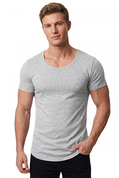 DeepSEA Erkek Gri Slim Fit %90 Pamuk Açık Yaka Oval Kesim Likralı Basic Tişört 1801199