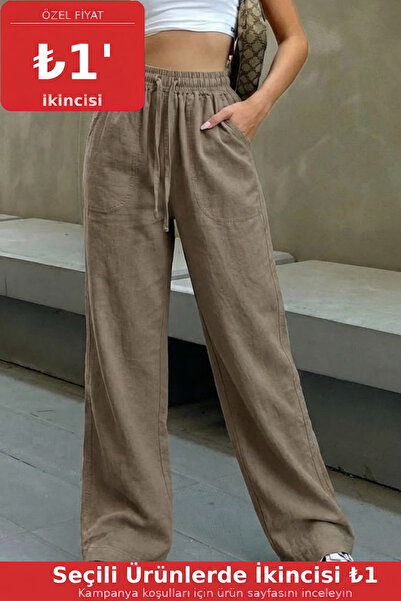 COMBİNE MİCHAİL Women's Elastic Waist Mink Linen Trousers