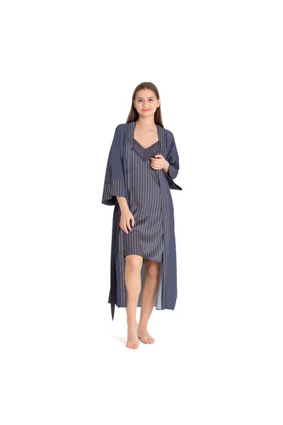 U&ME Cămașă de noapte din satin Line, set de 2 piese, bleumarin
