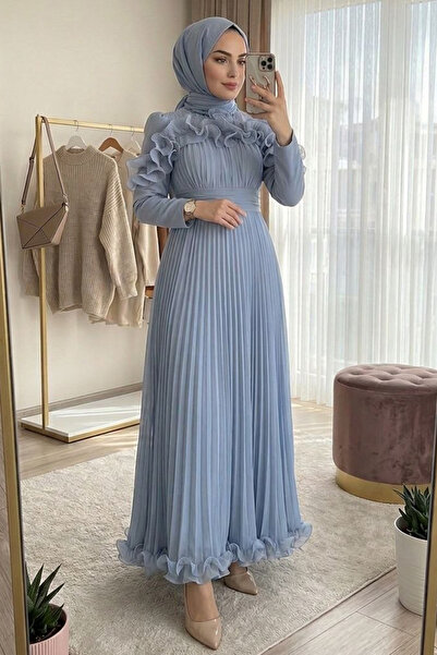 N.S NEVA STYLE Fırfır Detaylı Mavi Tesettür Abiye Elbise 55691M