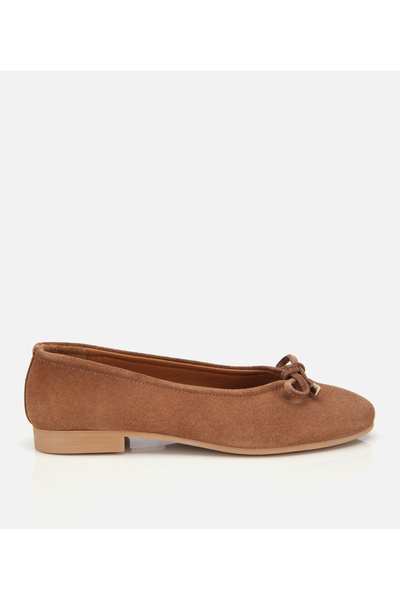 Hotiç Women's Suede Leather Tan Ballerinas with Bow Detail