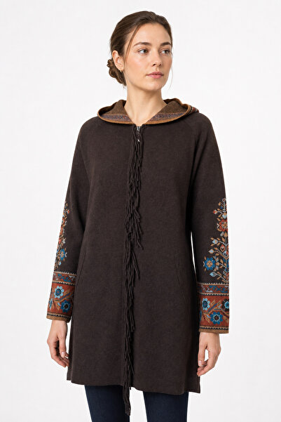 Desen Triko Women's Hooded Kilim Jacquard Tasseled Wool Coat Dark Brown