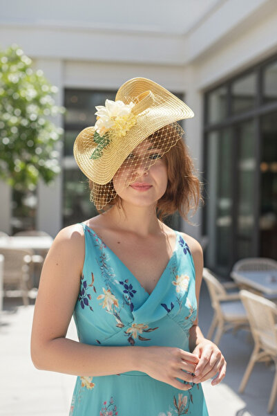 Miss Hat Pălărie Galbenă Elegantă din Rafie cu Flori Vintage