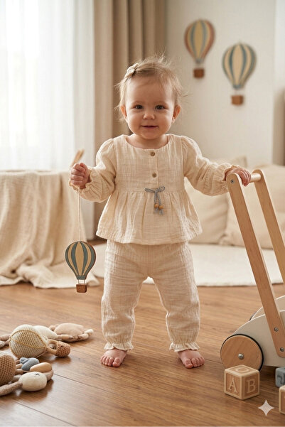 PİETRA BABY KİDS Ribbon-Detail Detailed Multi-Sleeved 100% Cotton Muslin Fabr...