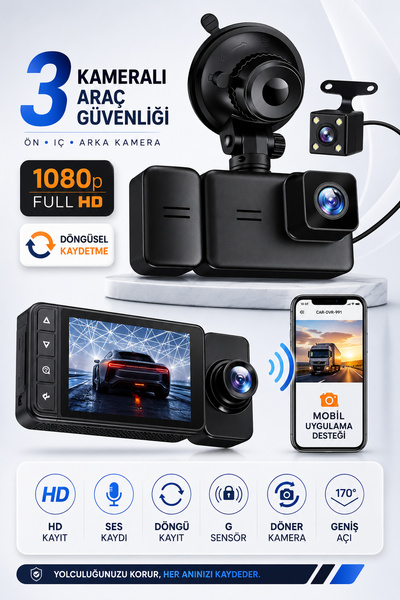 Venenon 3 Kameralı Wifi Ekran Araç Kamerası FullHD Geniş Ön + Arka + Araç İçi...