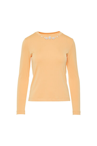 GIZIA SPORT Yakası İşleme Detaylı Uzun Kollu Basic Somon T-shirt