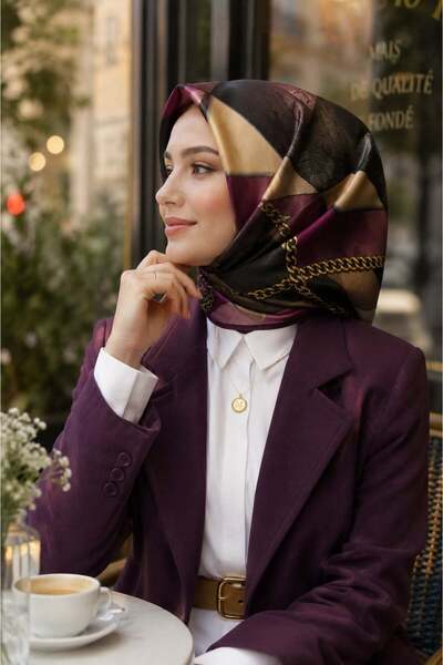 Vissona %100 Twill İpek Taş Efekti Desenli Mürdüm - Siyah Renkli 90x90 Eşarp ...