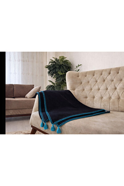 Türkühome Tasseled Shepherd Stitched Single Black Fleece Blanket |   150X180 cm