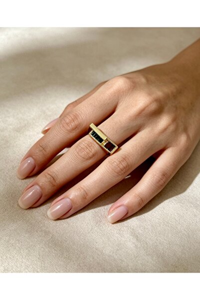 ayoljewelry Gold Steel Green and Plum Stone Art Deco Style Modern Ring
