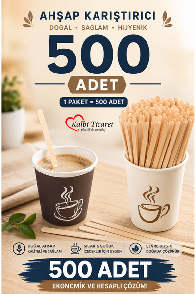 Kalbi Ticaret Ahşap Karıştırıcı 500'lü Paket Tahta Kaşık Çay Kahve Karıştırıc...