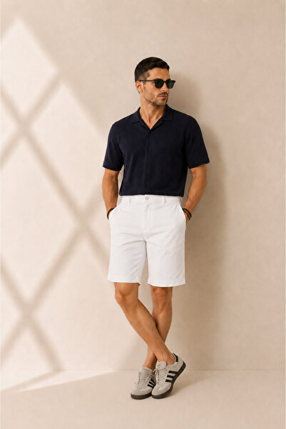 BRACCAS Erkek Yandan Cepli Klasik Bel Relaxed Fit Chino Şort Beyaz