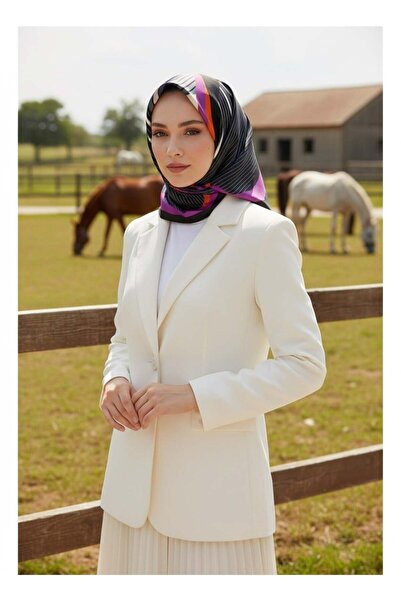 Vissona %100 Twill İpek Çizgili Geometrik Desenli Siyah - Gri Renkli 90x90 Eş...