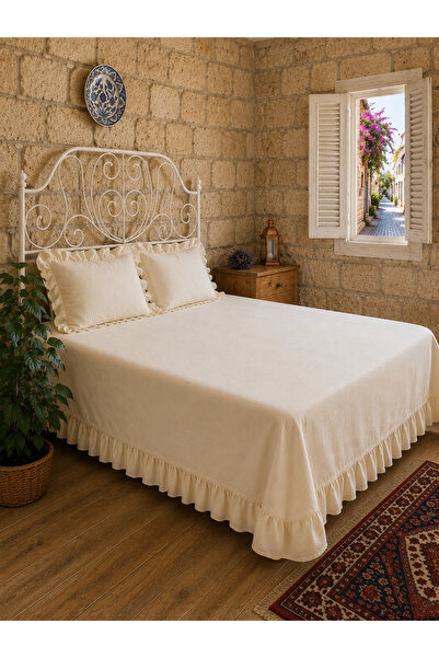 Decamor home Vintage Fırfırlı Ekru Yatak Örtüsü Çift Kişilik