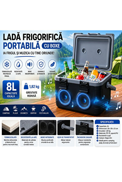 Extramall Ladă frigorifică portabilă Grassfit, cu boxe, 8L, neagră, termică ș...