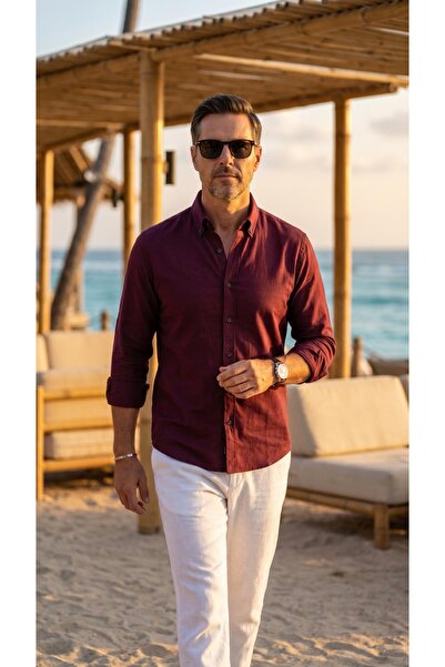 MEGALDİ Erkek Linen Keten Slim Fit Bordo Uzun Kollu Gömlek