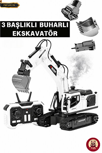Toy Remote Control Rechargeable Steam Excavator 3 Heads 360° Rotating Crawler with LED Light and Sound