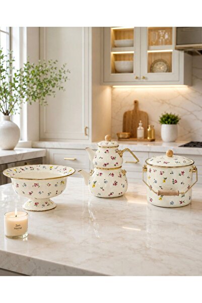 Santara Acar Petit Fleur Series Enameled Body Teapot, Kettle and Fruit Bowl K...