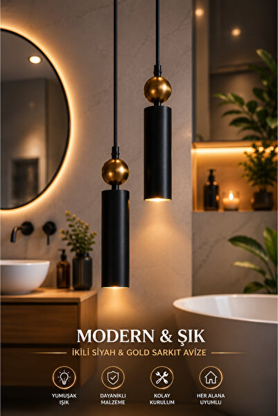 VENON Noir 2.Li Sarkıt Siyah-Eskitme Toplu⭐Metal Tavan Sarkıt Modern Avize GÜ...