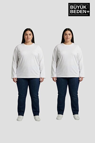 Süperlife Women's Plus Size 2-Piece Set Long Sleeve 2 Thread Crew Neck T-Shir...