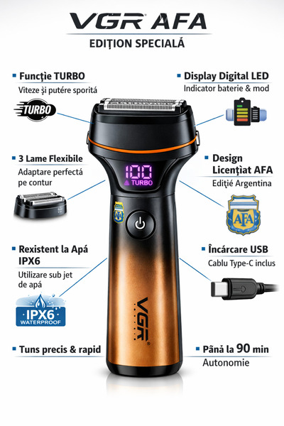 VGR Aparat de ras electric V‑382, Turbo, 800mAh, 3 lame flexibile, Waterproof IPX6, AFA Edition