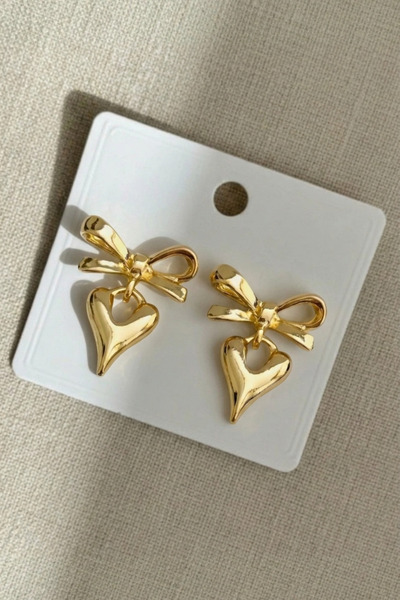 Crc Bijuteri Gold Color Bow & Heart Detailed Dangle Earrings