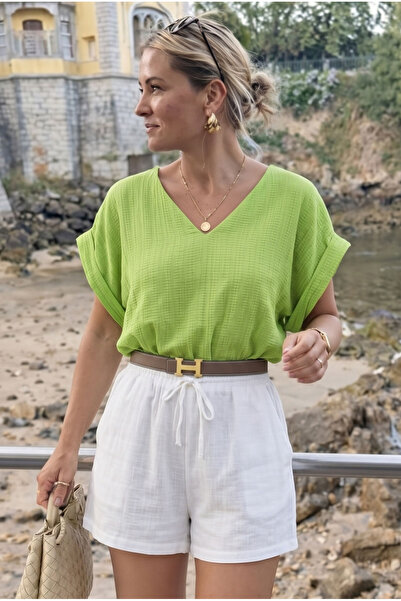 armonika Bluză oversize pentru femei, cu decolteu în V, cu fante laterale, cu...