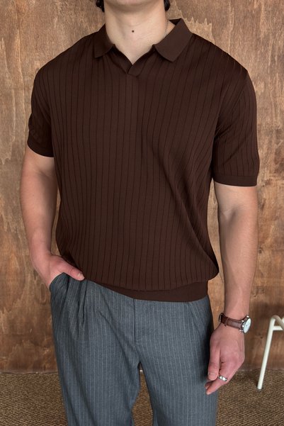 HYMAN Men's Oversize Ribbed Polo Collar Slim Knitwear T-Shirt