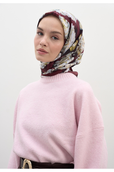 Freshscarfs Lotus Desen Pamuklu Viskon Eşarp Bordo